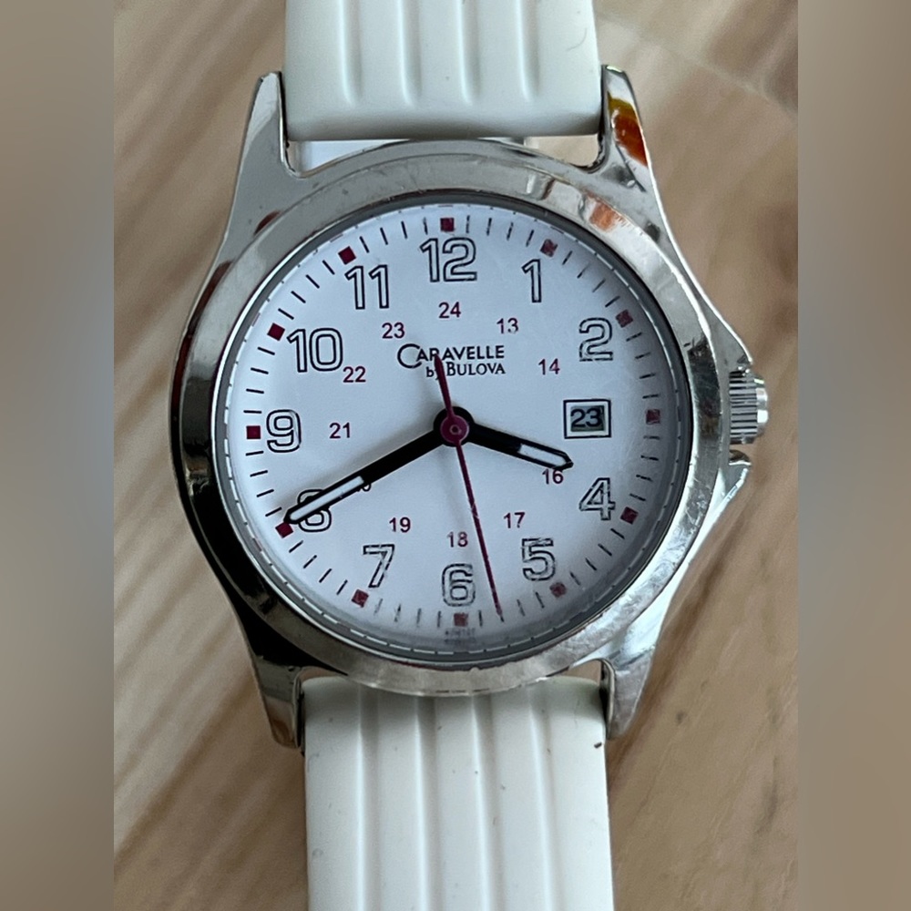 Caravelle by Bulova Ladies Watch White Silicone Bracelet White Dial Date Window - Picture 1 of 13